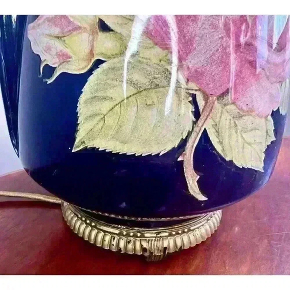 Ginger Jar Hand Painted Vintage Table Lamp Tested Works Pink Rose Bronze Base - Picture 3 of 5